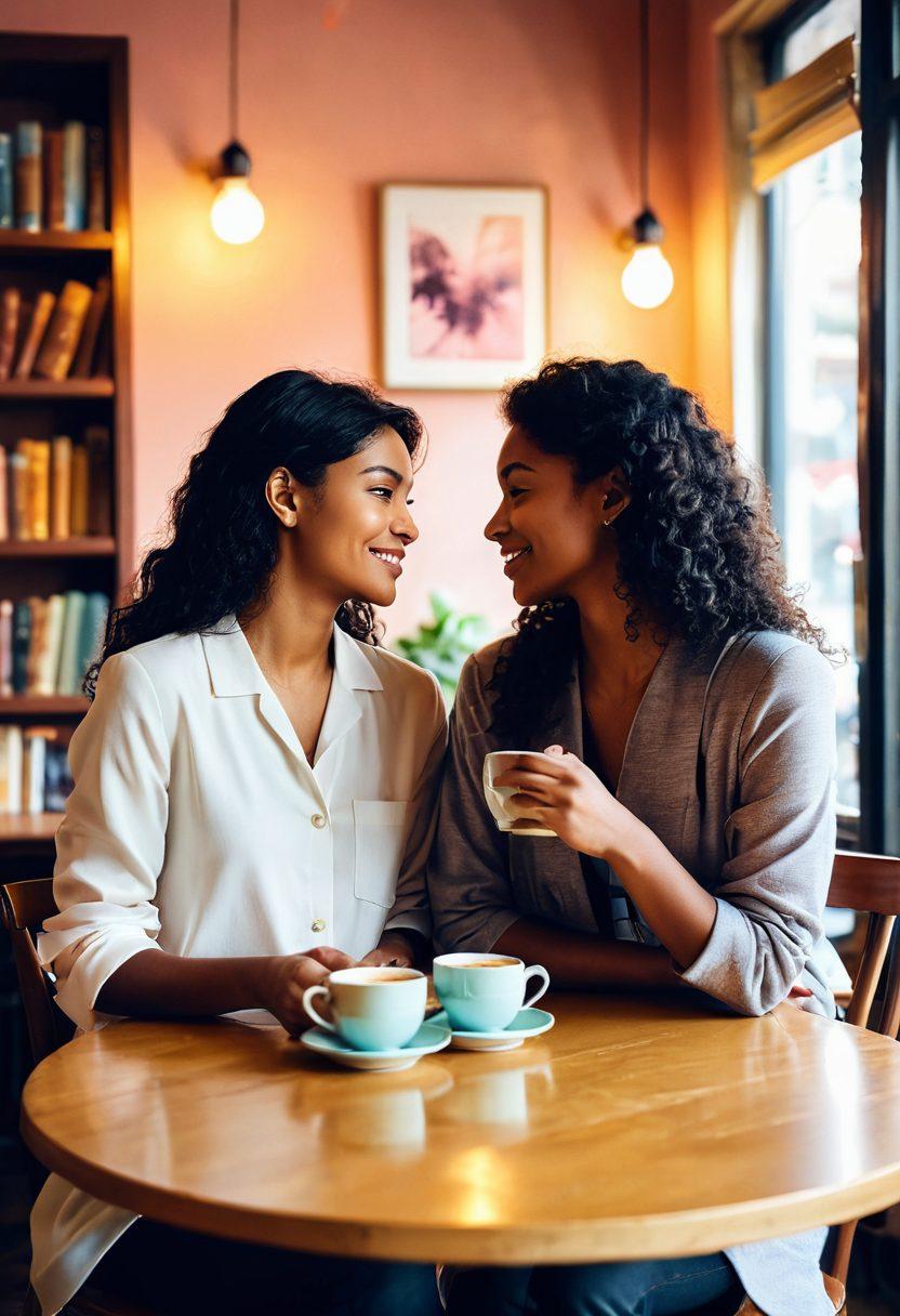 An intimate, cozy café setting filled with warm, soft lighting, where two women joyfully share a cup of coffee and glance at each other with admiration, surrounded by books about love and relationships. The atmosphere is filled with gentle pastel colors and elements of diversity, reflecting different cultures and experiences. In the background, a mural of female silhouettes in love adds depth and emotion. soft focus. vibrant colors. modern illustration.