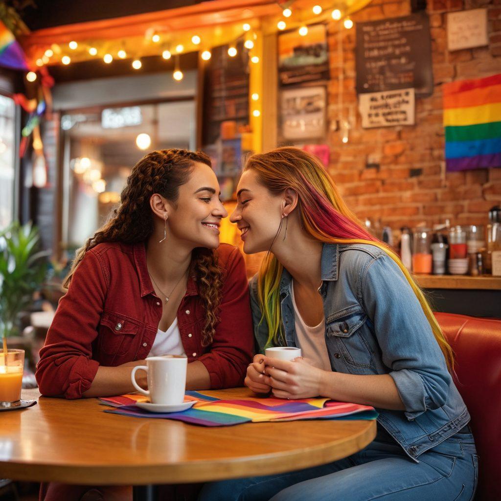 A vibrant and intimate scene of two women sharing a passionate moment in a cozy urban café, surrounded by colorful LGBTQ+ pride decorations. Include elements like rainbow flags, heartfelt expressions, and a warm, inviting atmosphere. Capture the essence of love, connection, and support within the community. super-realistic. vibrant colors. soft lighting.